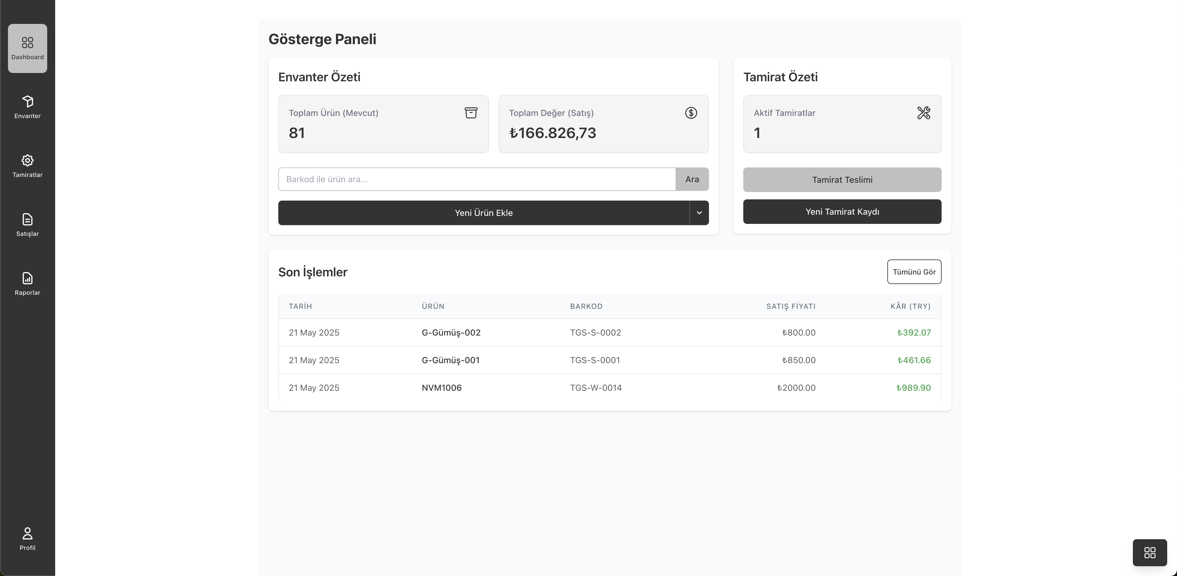 Jewelry Inventory - Dashboard overview